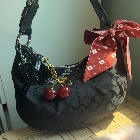 Coach VINTAGE Y2K Black Shoulder Bag with Red Bow and Cherry Charm - Picture 1 of 9